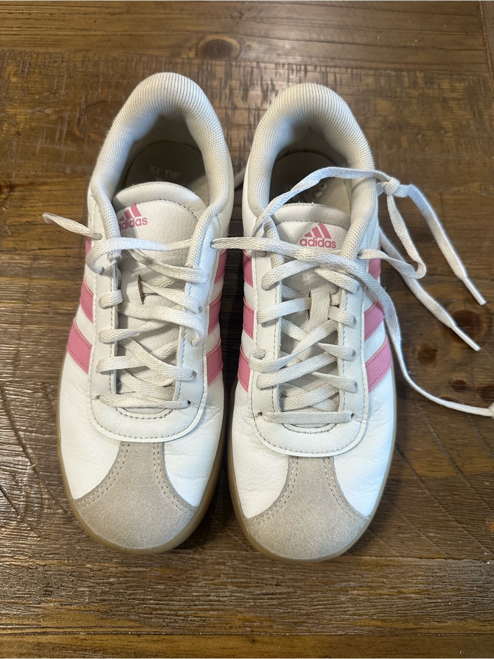 Kids Adidas  White Sneakers with Pink Stripes and Gum Soles